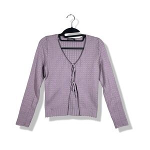 Y2K Nikka K Lavender Ribbed Knit Tie Front Cardigan Sweater Womens S Grandma